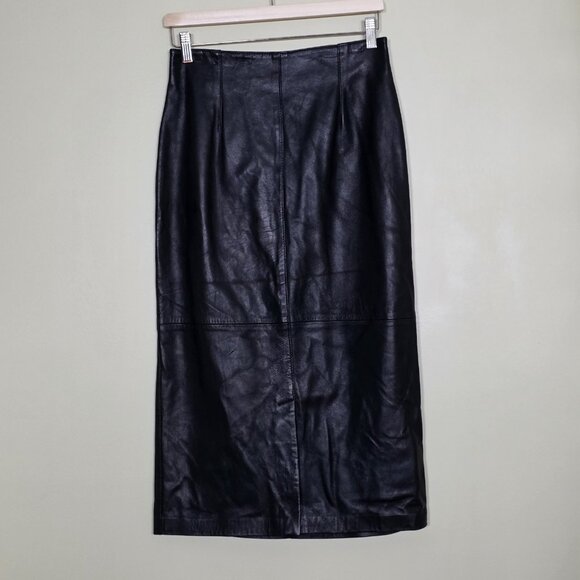 Bagatelle Skirt 12 Black Leather Midi Lined Back Zip Front Slit Union Made Goth - Picture 1 of 16
